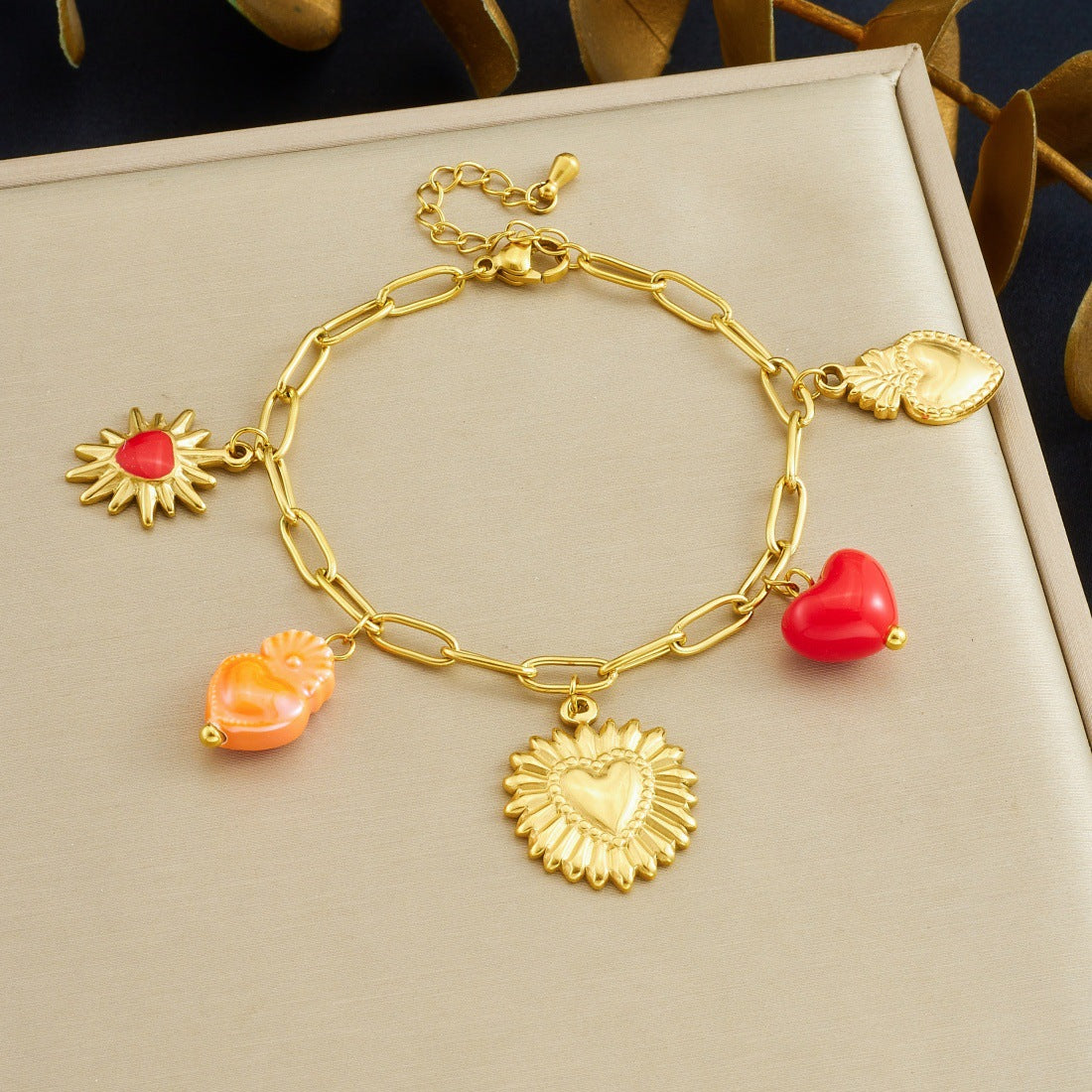Vintage Elegant Gold Plated Drip Oil Heart Floral Stainless Steel Pendant Curb Chain Jewelry Set for Women