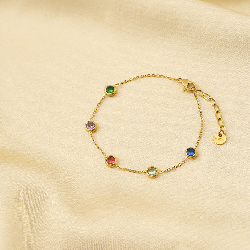 Fashionable Vintage Minimalist Geometric Rhinestone-Set 18K Gold-Plated Titanium Steel Colorful Bracelet for Women