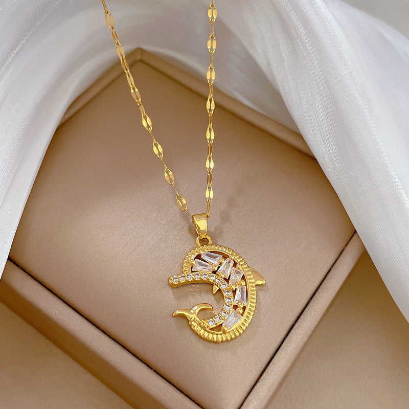 Minimalist Dolphin Pendant Necklace for Women in Titanium Steel with Rhinestone Inlay on Delicate Clavicle Chain