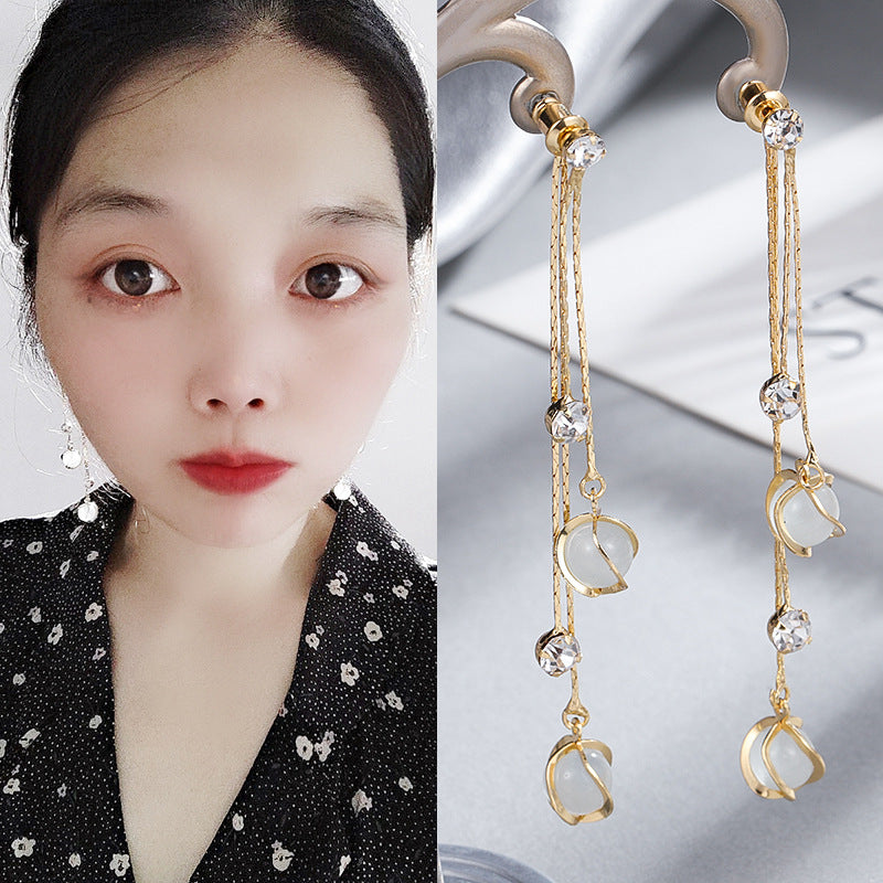Sweet Geometric Rhinestone and Pearl Cherry Tassel Earrings for Women
