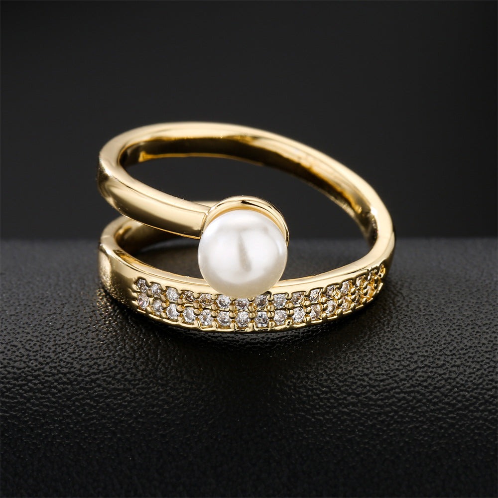 Anillo abierto geométrico para mujer de cobre con micro-pavé de circonita y chapado en oro de 18K
