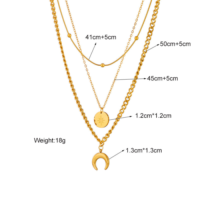 Fashionable Vintage-Inspired Titanium Steel Necklace with Star Moon and Round Pendant on Chain