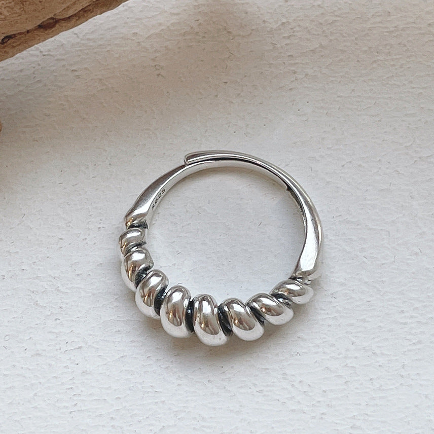 French Vintage Wave-Shaped 925 Sterling Silver Adjustable Knot Ring for Women