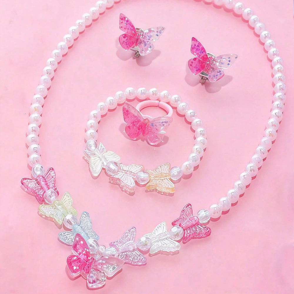 Set de collar de mariposa estilo caricatura para niños con dije de resina en cadena de cuentas con formas de corazón, estrella y flor