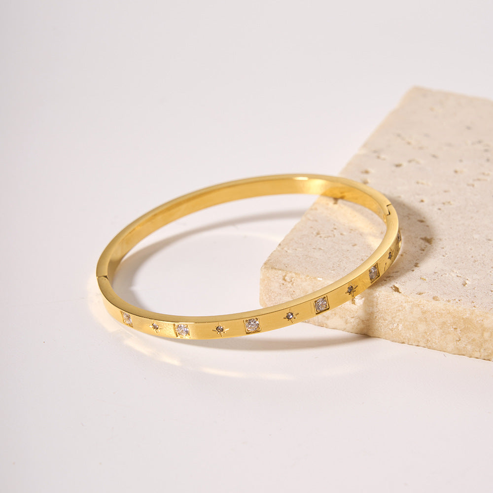 INS Style Women's Titanium Steel Bracelet with 18K Gold Plating and Zircon Inlay, Geometric Ring-Shaped Fashion Jewelry