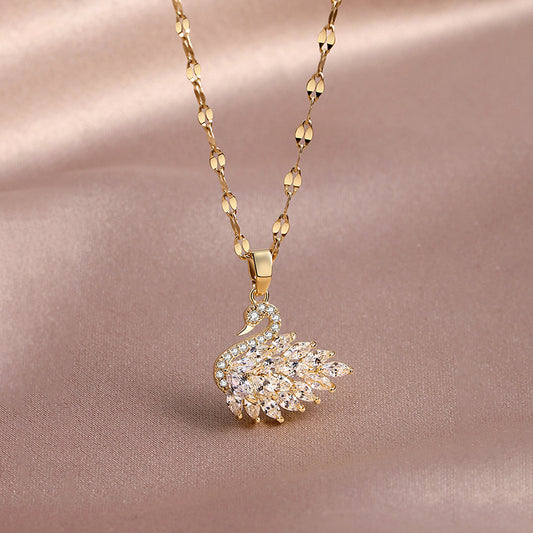 Original Design Irregular Floral Shape Titanium Steel Plated Clavicle Necklace with Zircon Swan Pendant for Women