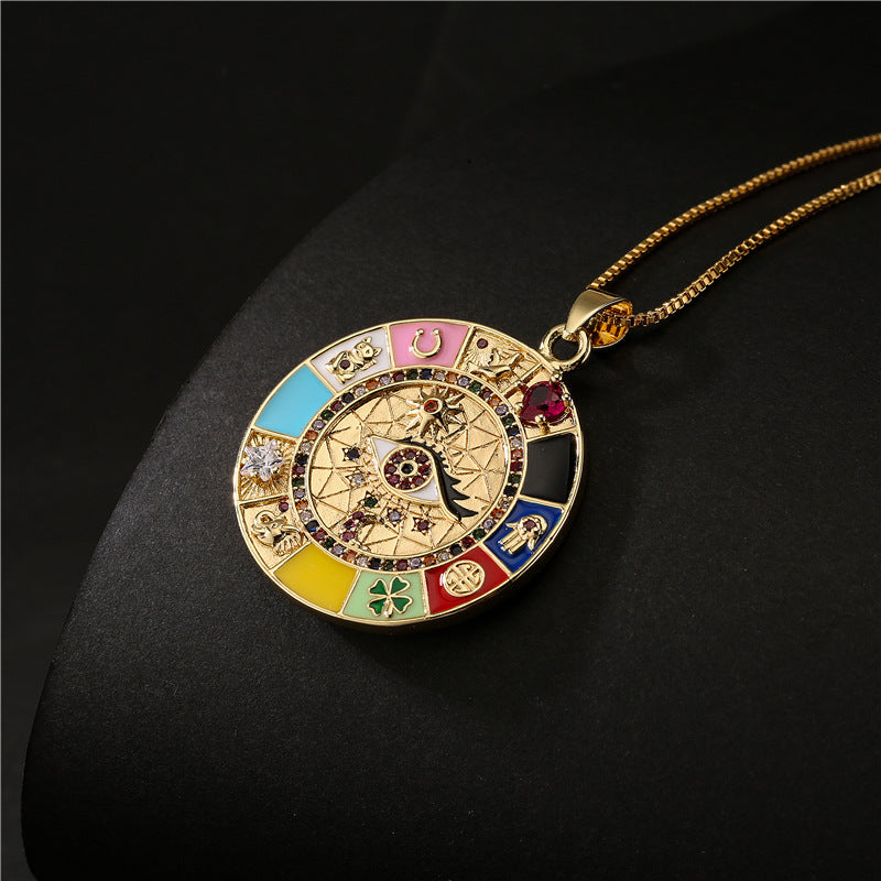 Collana pendente geometrica irregolare stile bohémien da donna con occhi in smalto e zirconi su catena a maglie in rame