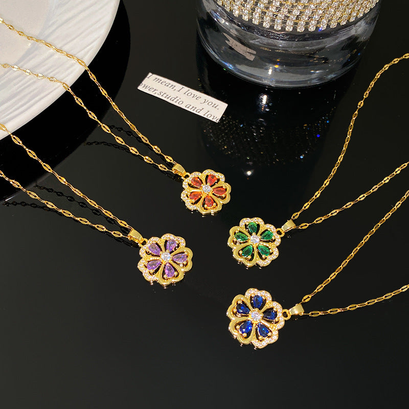 Luxury Floral Rhinestone Plated Titanium Steel Necklace with Brass Pendant for Unisex
