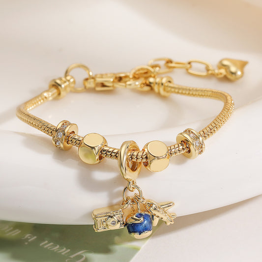 Minimalist Airplane-Shaped Copper Bracelet with 18K Gold Plating and Enamel Finish for Women