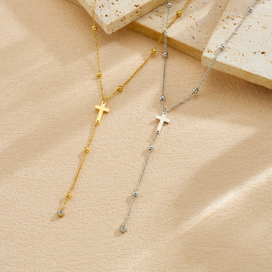 Minimalist Gold Plated Cross Stainless Steel Pendant Necklace with Tassel Ball Chain for Women