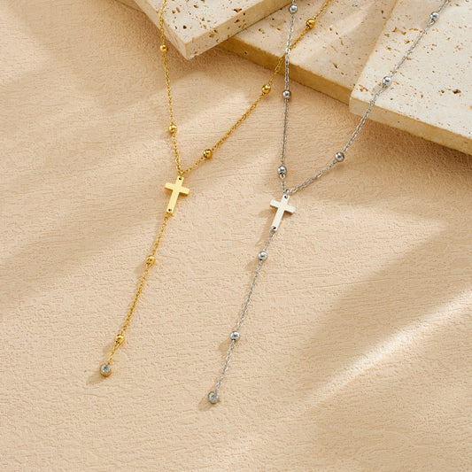 Minimalist Gold Plated Cross Stainless Steel Pendant Necklace with Tassel Ball Chain for Women