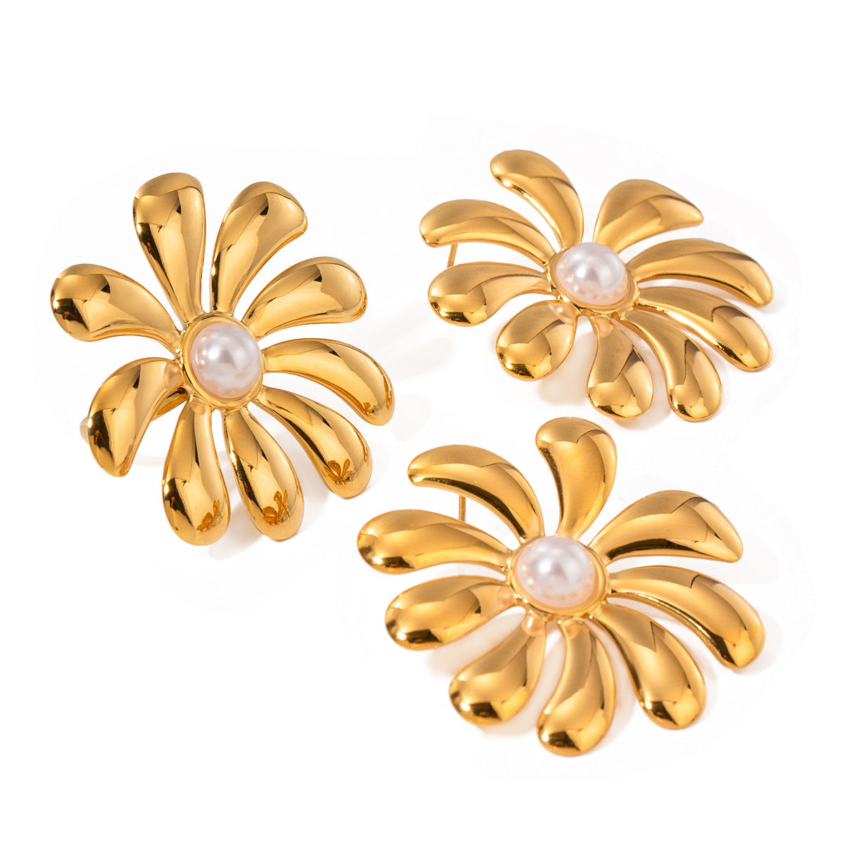 Fashion 18K Gold Plated Stainless Steel Sunflower Pearl Open Ring Floral Stud Earrings for Women