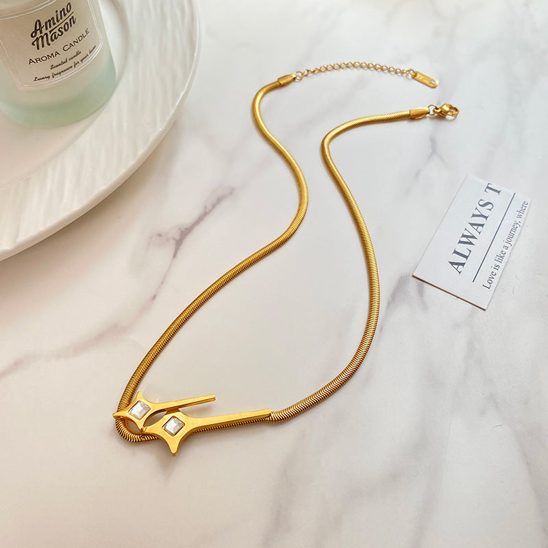 Sweet Streetwear Gold Plated Titanium Steel Double Star Micro-set Cubic Zirconia Flat Snake Chain Necklace