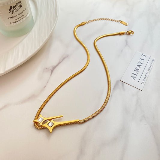 Sweet Streetwear Gold Plated Titanium Steel Double Star Micro-set Cubic Zirconia Flat Snake Chain Necklace