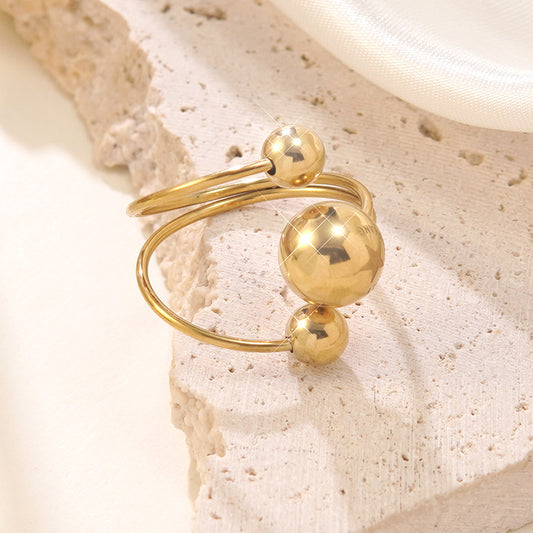 Minimalist Stainless Steel Plated Geometric Round Asymmetric Three-Ball Open Ring for Women
