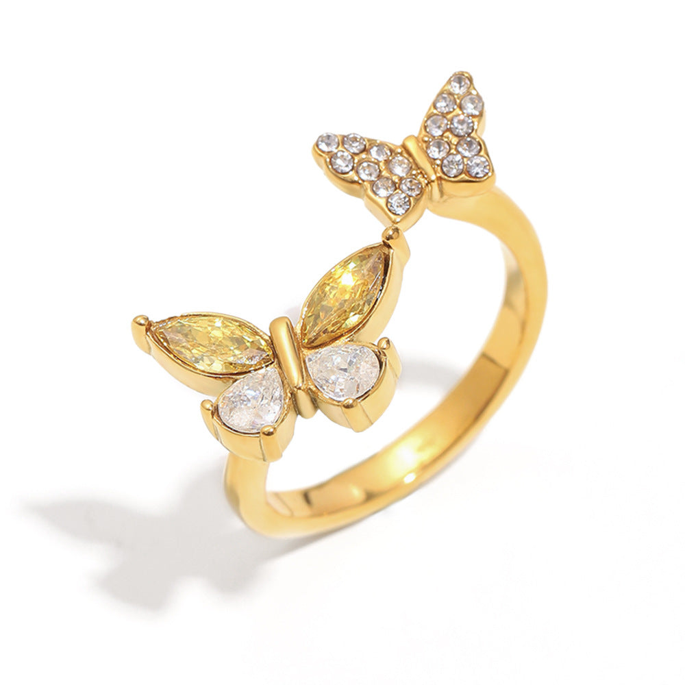 Fashionable OL Style Butterfly-Shaped Stainless Steel Ring with 18K Gold Plating and Simulated Pearl Accents