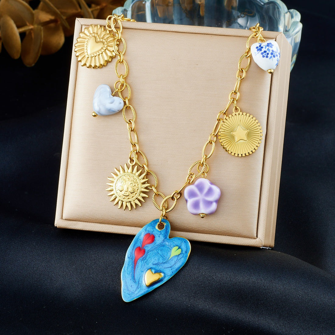 Creative Drip Oil Gold Plated Heart Floral Ceramic Pendant Stainless Steel Cable Chain Necklace for Women