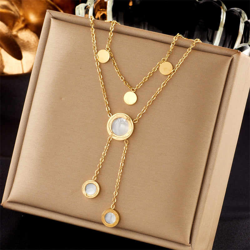 Vintage Luxury Gold Plated Heart Butterfly Round Stainless Steel Necklace with Pearl Multi-Layer