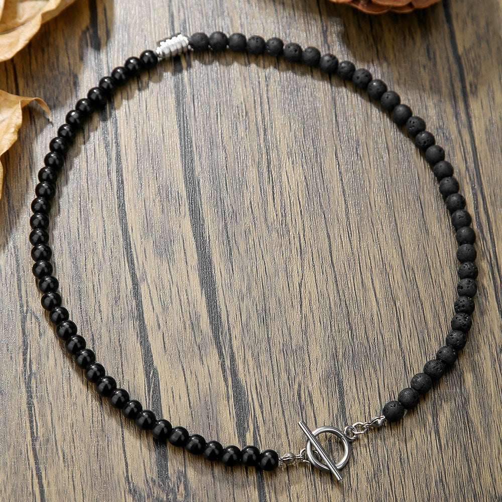 Bohemian Black Agate Volcanic Stone Blue Dot Beaded Necklace Multi-layer Ball Chain Unisex