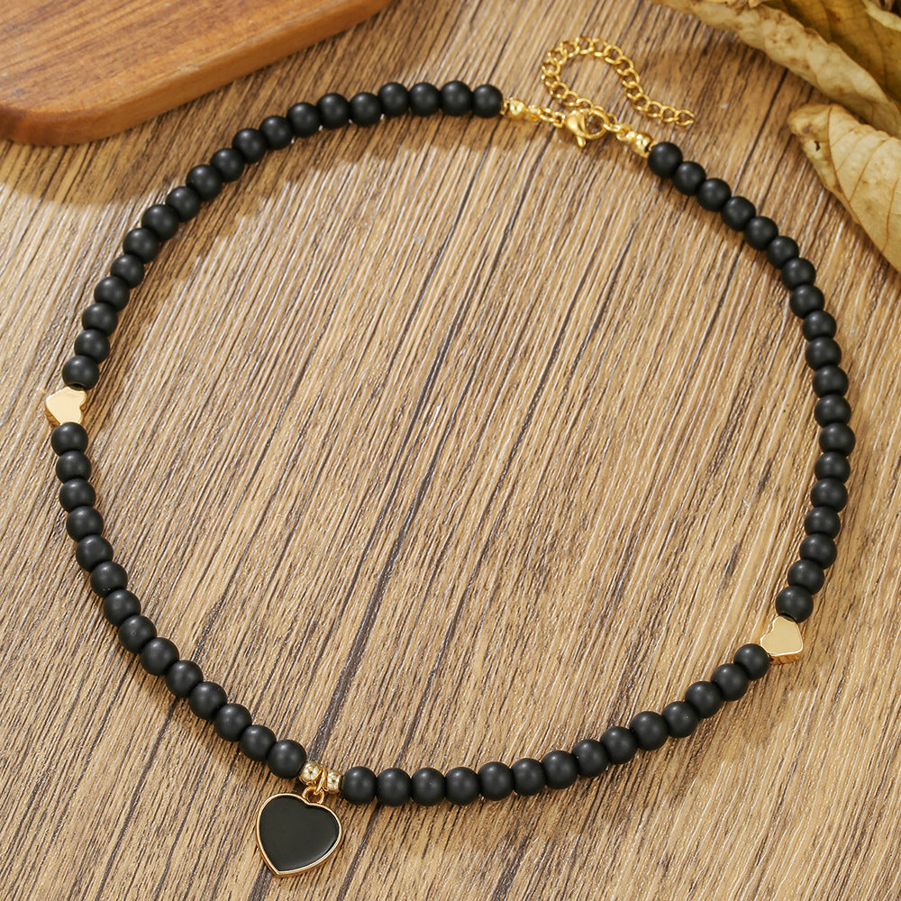 Minimalist Geometric Heart Drip Oil Alloy Necklace with Black Agate Beads for Women