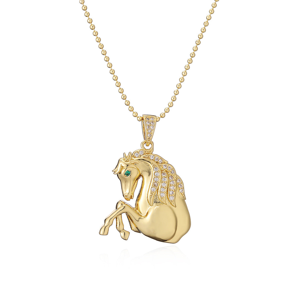 Collana con pendente minimalista a forma di cavallo in rame placcato oro e intarsio di zirconi da donna