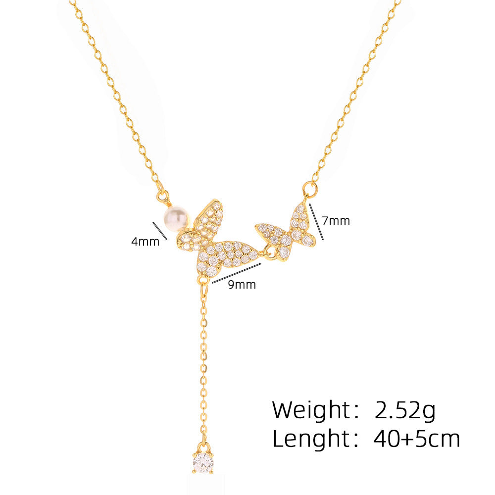 Elegante collana a farfalla in argento sterling 925 con zirconi cubici e nappe di perle a catena forzata da donna