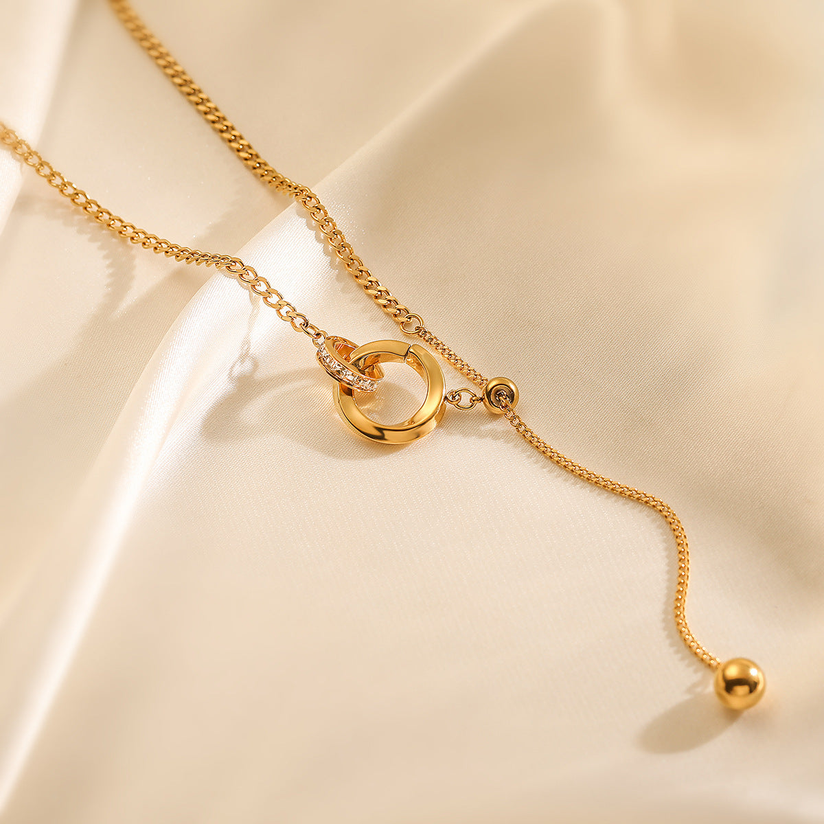 Minimalist Geometric Pendant Necklace for Women in Titanium Steel with Real Gold Plating and Zircon Inlay