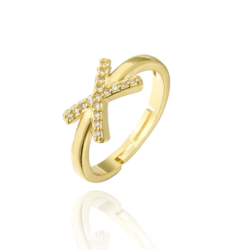 Fashion 18K Gold Plated Brass Micro-inlay Letter Ring Adjustable Open Band for Women