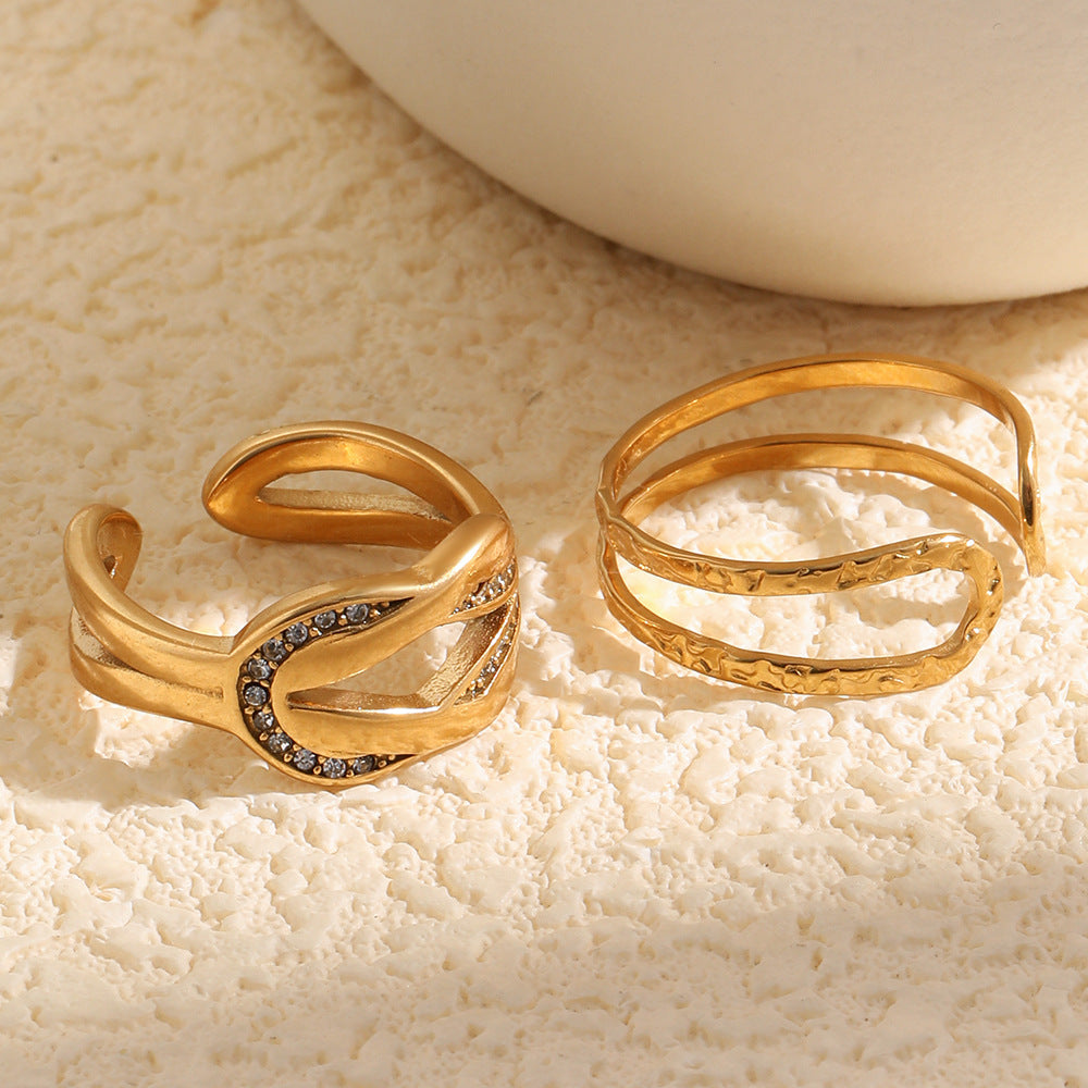 Elegant Minimalist Geometric Rhinestone Knot 18K Gold Plated Stainless Steel Open Ring for Women
