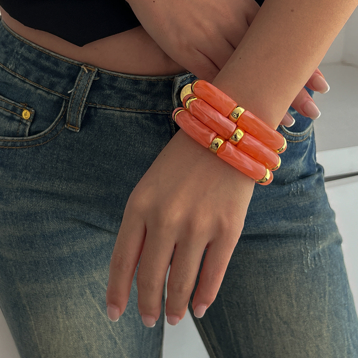 Set di braccialetti a polsino rigido da donna geometrici minimalisti con perline, in lega di zinco con finitura placcata