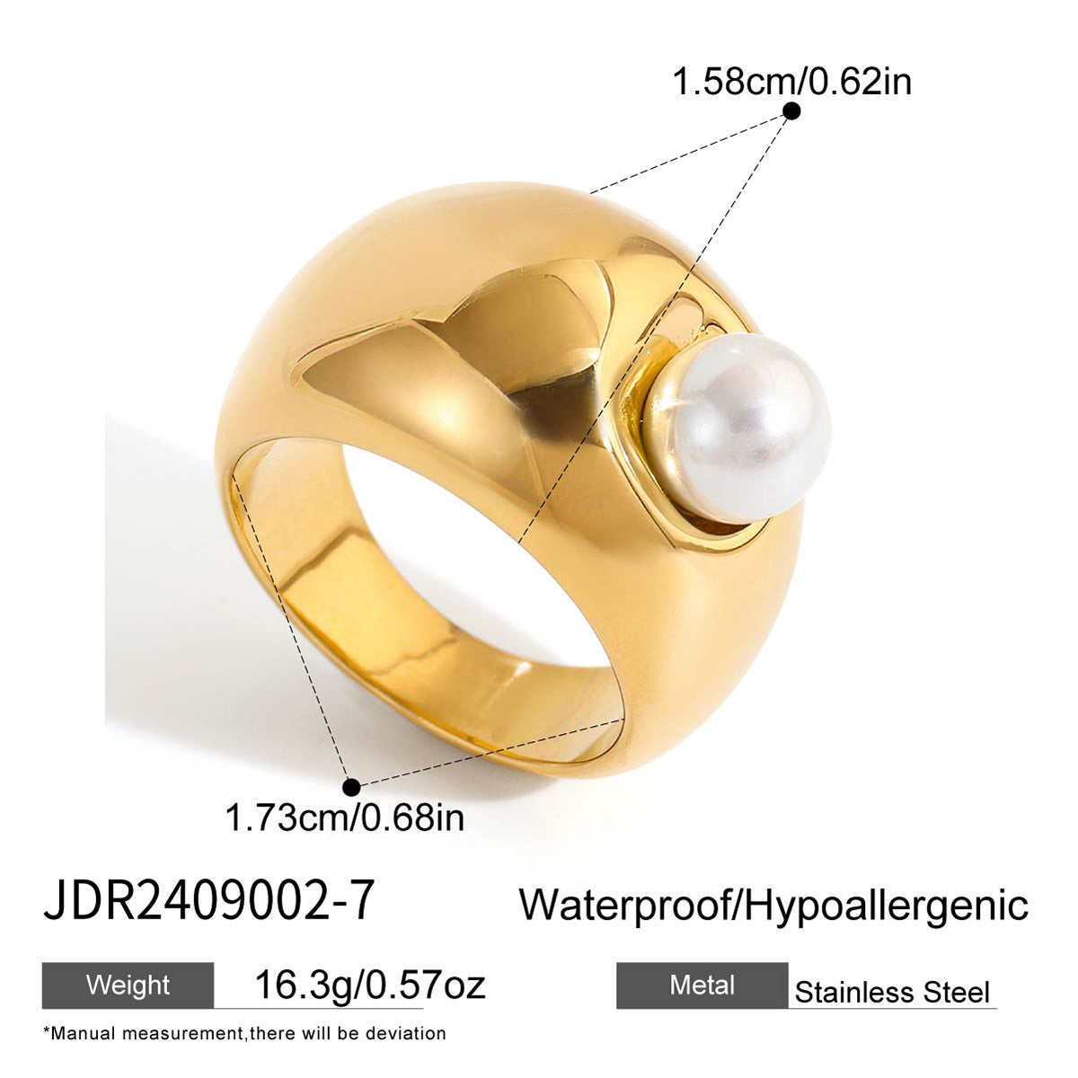 Anillo de acero inoxidable geométrico de lujo con chapado en oro PVD de 18K y perla para mujer