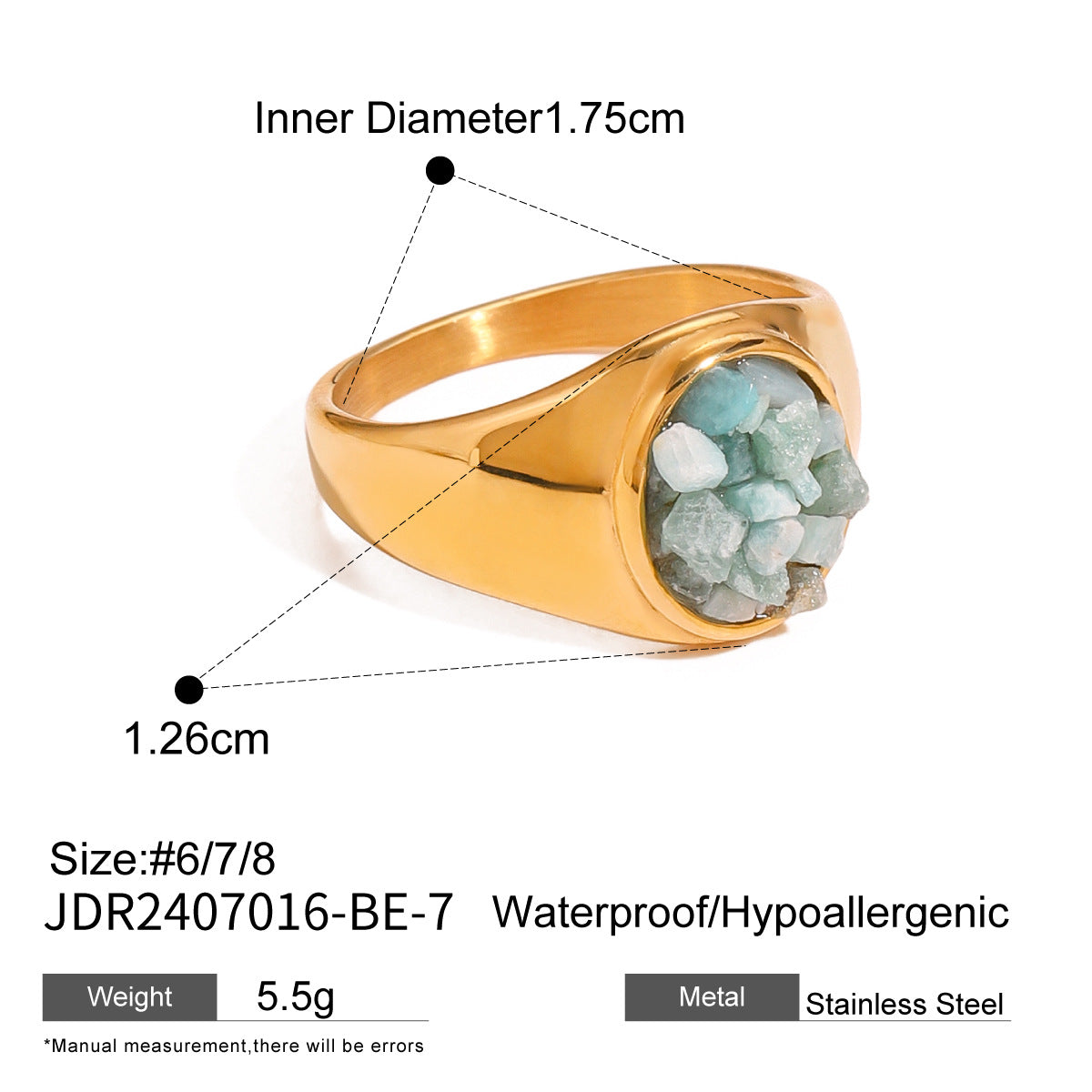 Square Plated Stainless Steel Ring with Natural Gemstone for Women