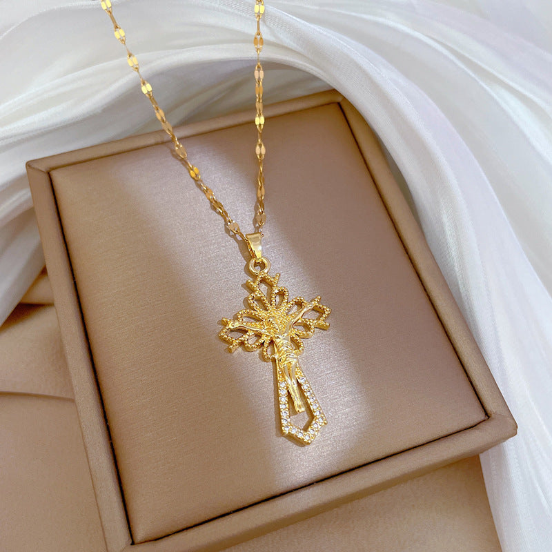 Minimalist Cross Pendant Necklace for Women in Titanium Steel with Micro-Pavé Rhinestones on Cross Chain