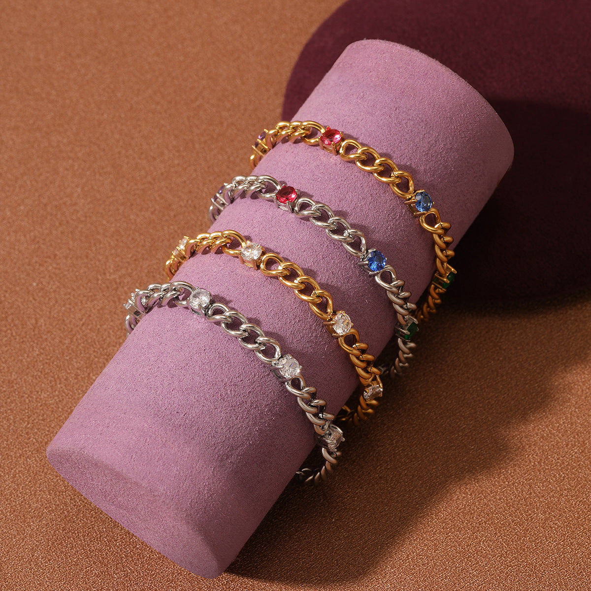 Fashionable Geometric Stainless Steel Bracelet for Women with 18K Gold Plating and Colorful Rhinestone Accents