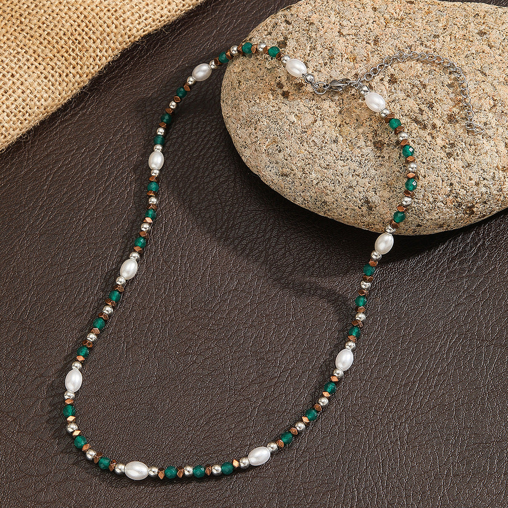 French Style Green Crystal Imitation Pearl Geometric Ball Chain Necklace for Unisex