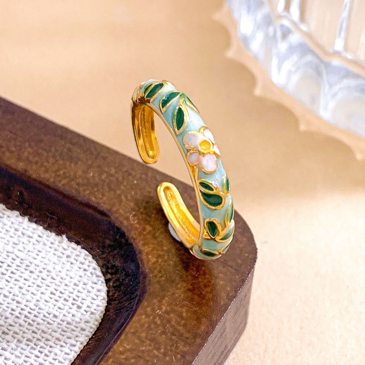 Vintage Sweet Floral Enamel Gold Plated Brass Ring for Women