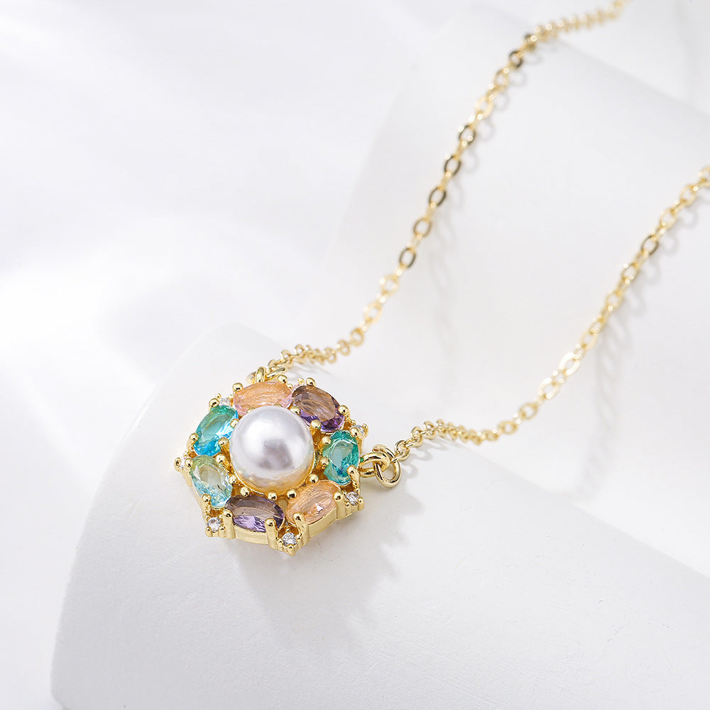 Minimalist Butterfly-Shaped Geometric Pendant Necklace for Women with Gold-Plated Copper Base and Micro-Paved Zirconia and Pearl Accents
