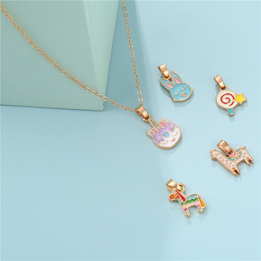 Cartoon Animal Drip Oil Alloy Pendant Curb Chain Necklace Charm Bar for Kids