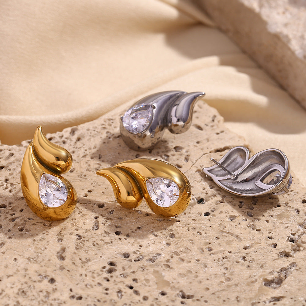 Minimalist Teardrop-Shaped Stainless Steel Earrings with 18K Gold Plating and Zircon Accents for Women