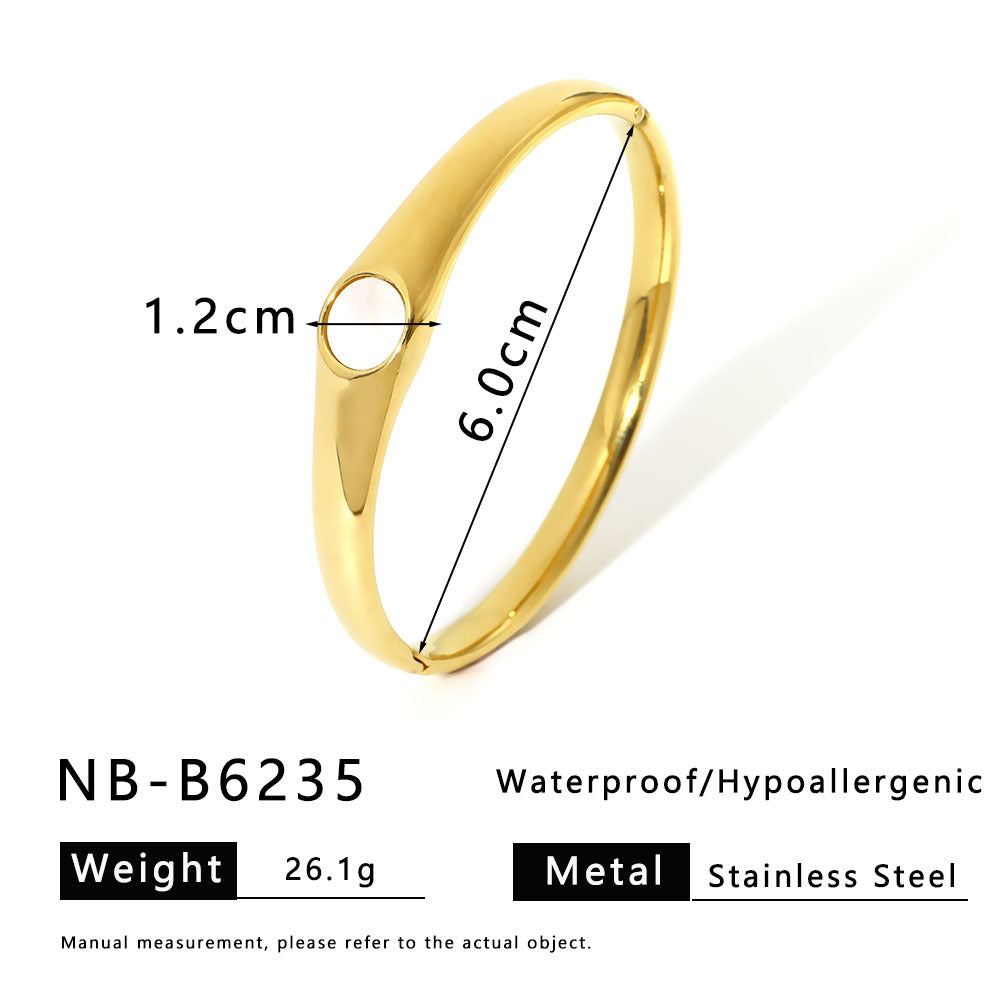 Minimalist INS Style Geometric Scale Pattern Rhinestone Inlaid White Abalone Titanium Steel Bracelet with 18K Gold Plating