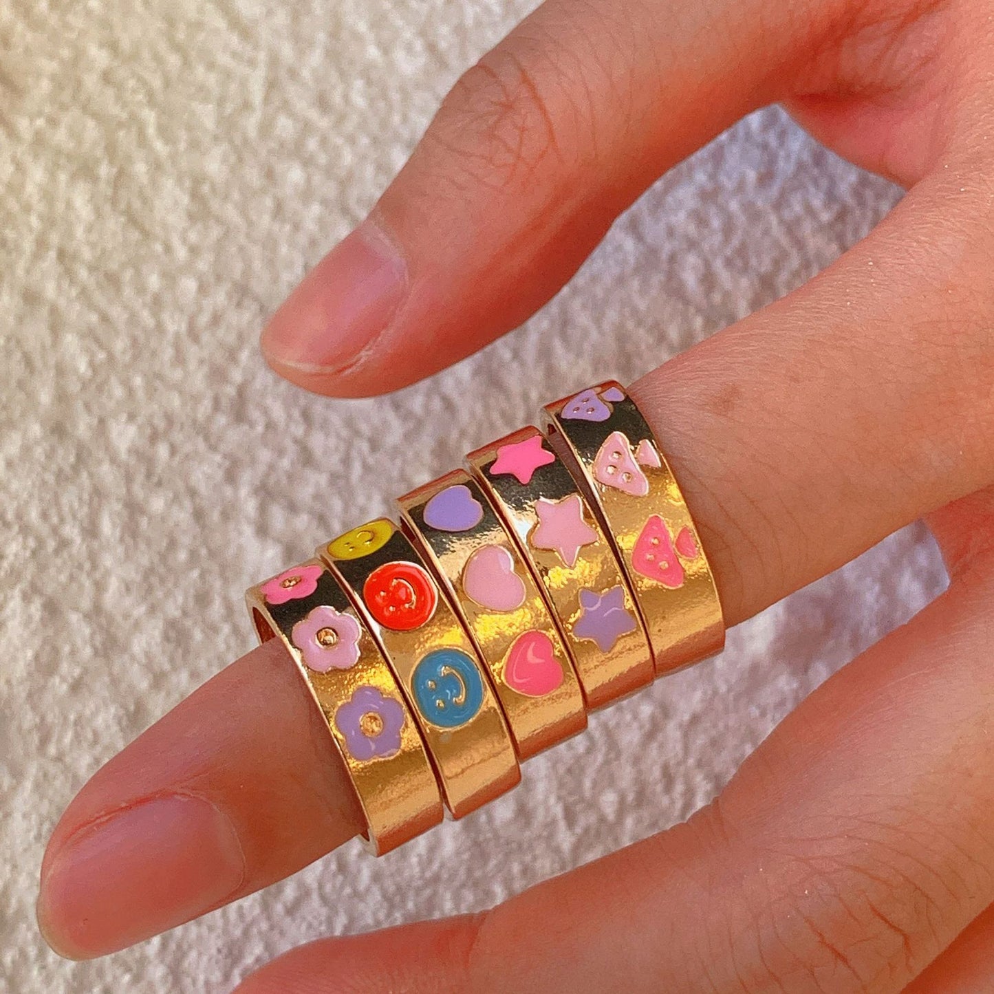Sweet and Edgy Geometric Heart Smile Ring for Women in Plated Metal with Colorful Enamel Finish