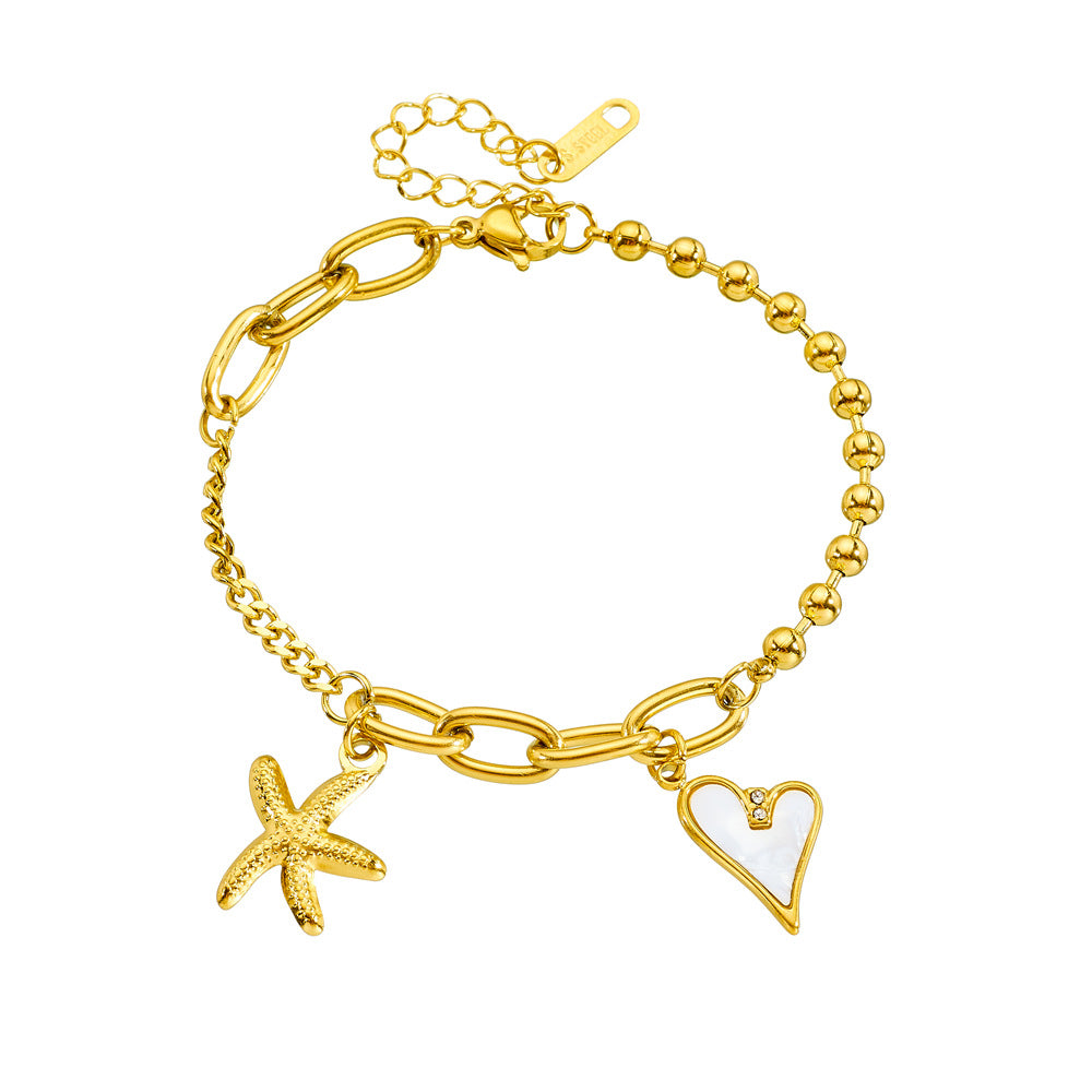 Fashionable Asymmetrical Heart-Shaped Stainless Steel Pendant Bracelet with 18K Gold Plating and Mother-of-Pearl Inlay for Women