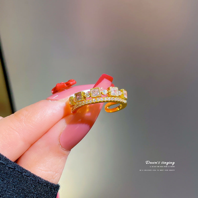 Minimalist Cold-Tone Adjustable Open Ring for Women with Crown Shape Brass Band and Zircon Inlay
