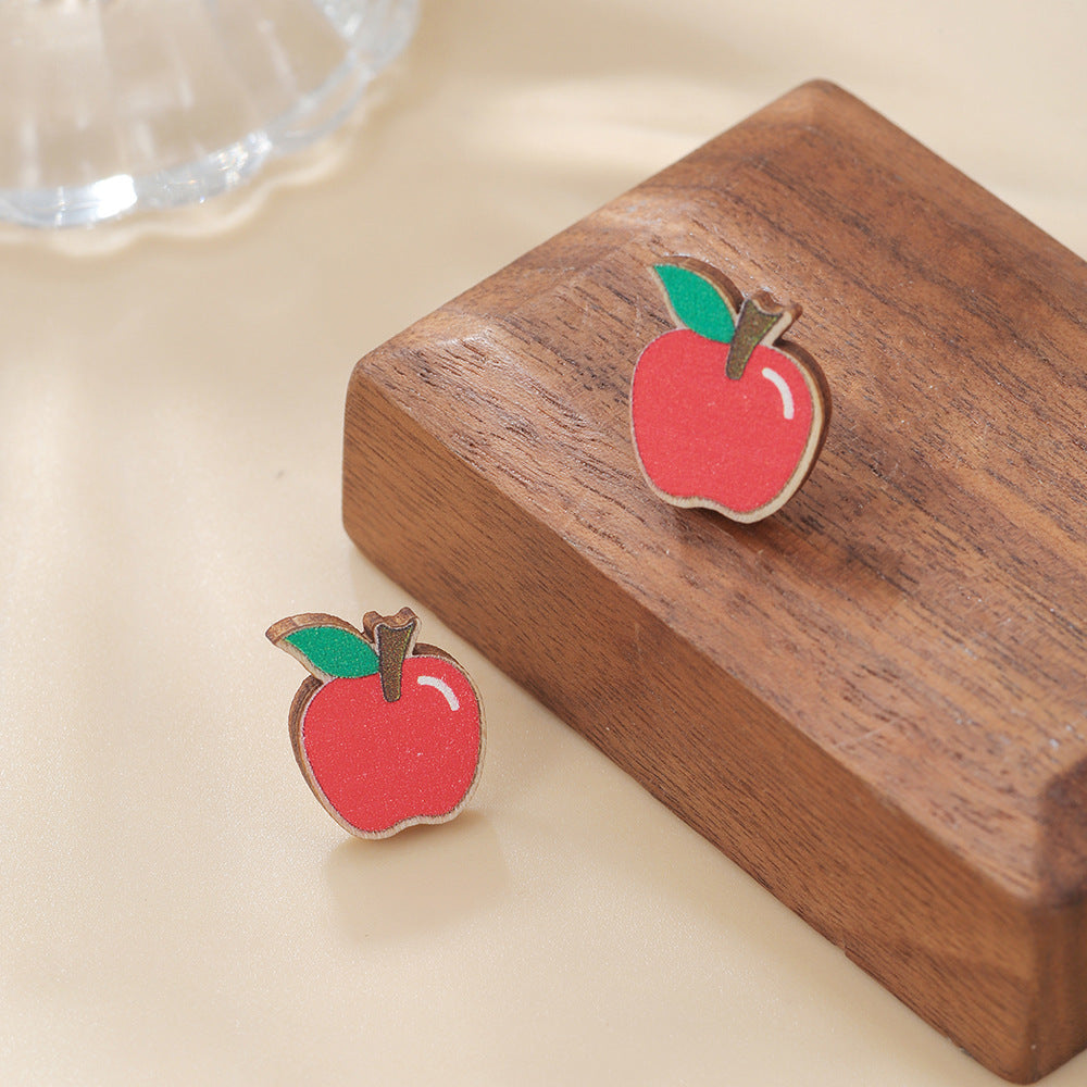 Sweet Cartoon Wood Geometric Apple Carrot Stud Earrings for Kids