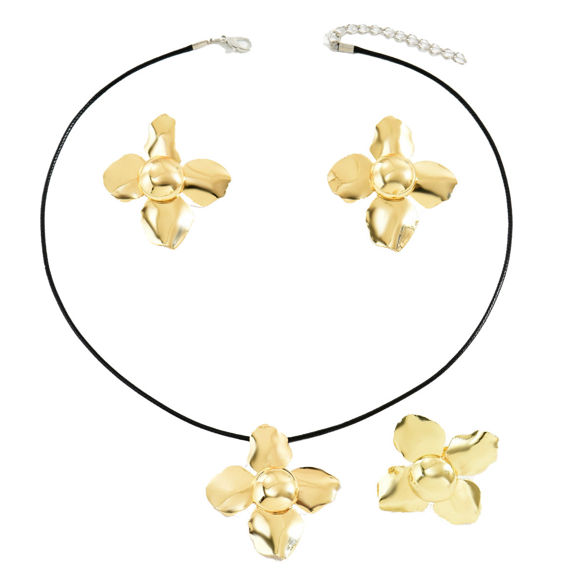 Minimalist Hip Hop Style Floral Flower Pendant Necklace Set with Earrings and Bracelet for Women Alloy Plated in 18K Gold