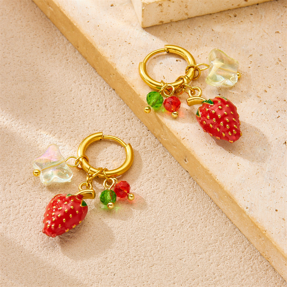 Sweet Gold Plated Drip Oil Stainless Steel Round Strawberry Drop Earrings