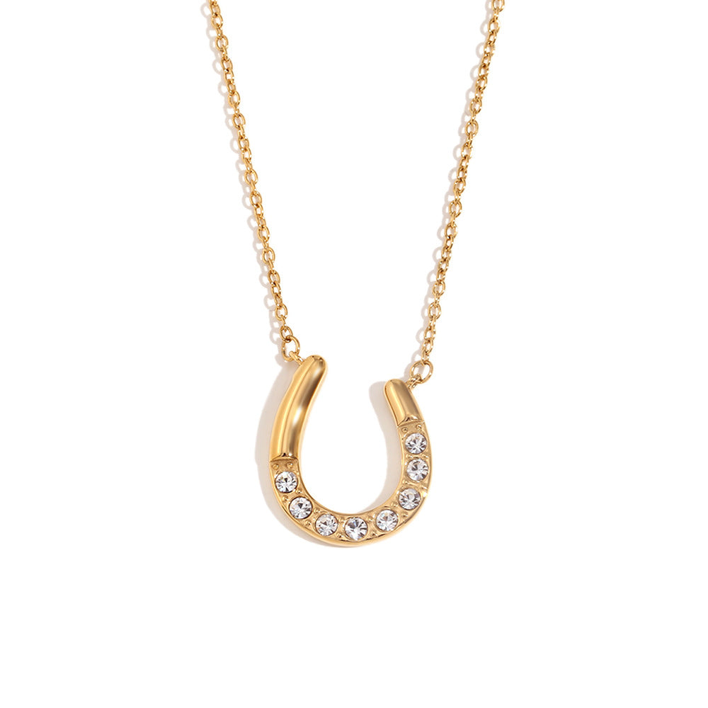 Collana Pendente a U Minimalista da Donna in Acciaio Inossidabile con Placcatura in Oro 18K e Intarsio di Strass