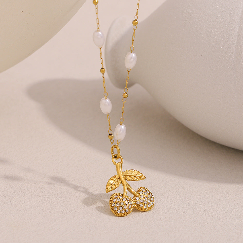 Elegant Cherry-Shaped Stainless Steel Pendant Necklace with 18K Gold Plating and Simulated Pearl Accents for Women