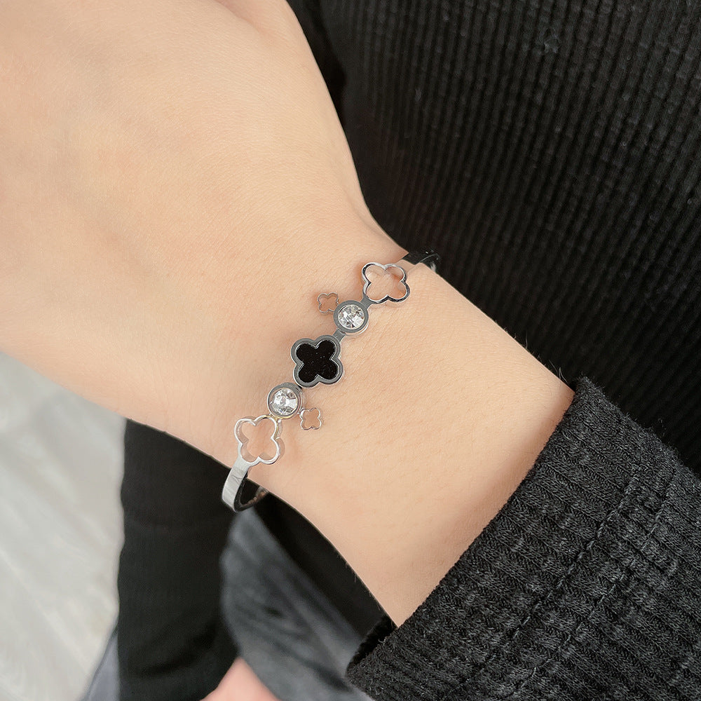 Casual Geometric Floral Micro-inlay Titanium Steel Bangle with Shell Design Open Cuff Bracelet