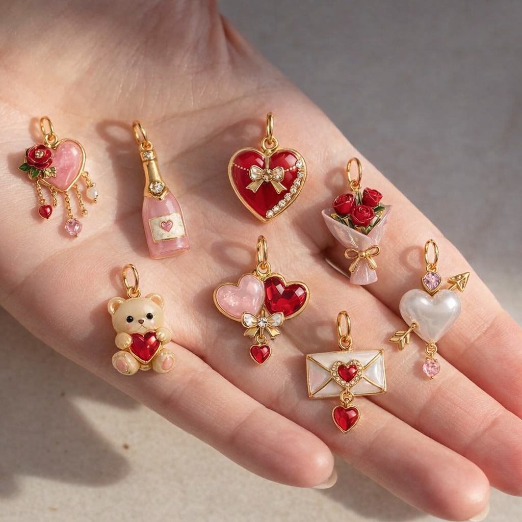 Barretta Ciondolo Vintage Orsetto Cuore con Smalto a Goccia Placcato Oro 14K